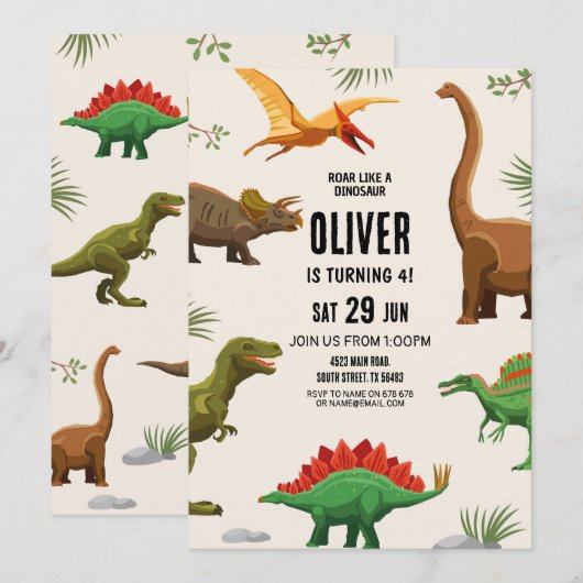 Dinosaurus Verjaardag Uitnodiging Party Boys Dinos (Voorkant / Achterkant)