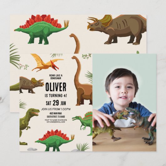 Dinosaurus Verjaardag Uitnodiging Party Jongens Fo (Voorkant / Achterkant)