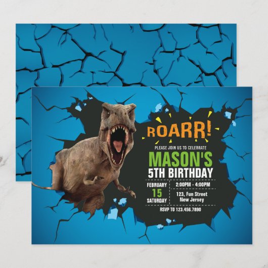 Dinosaurus Verjaardag uitnodiging. Roar Party. Kaart (Voorkant / Achterkant)