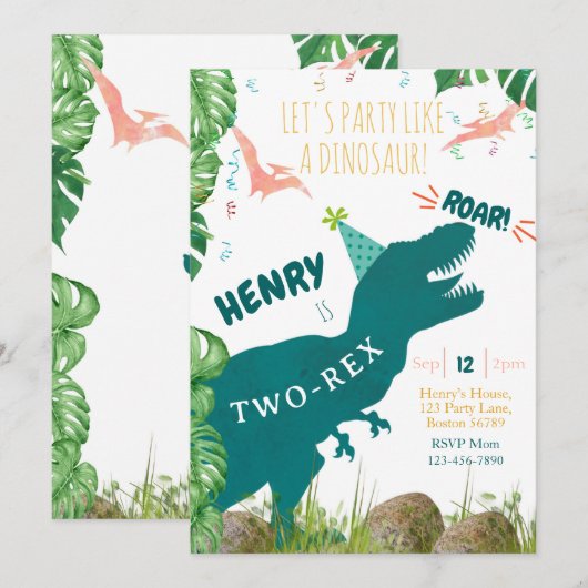 Dinosaurus Verjaardag uitnodiging Twee Rex uitnodi (Voorkant / Achterkant)