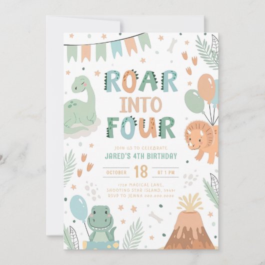 Dinosaurus Verjaardag Uitnodiging Vier Schattigee (Voorkant)