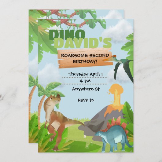 Dinosaurus Verjaardag Uitnodiging voor Tweede Verj (Voorkant / Achterkant)