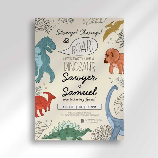 Dinosaurus Verjaardag Uitnodiging voor Twins