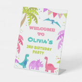 Dinosaurus verjaardag, welkom voetstuk teken reclamebord met voetstuk (Voorkant)