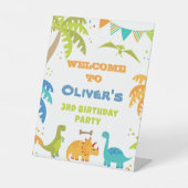 Dinosaurus verjaardag, welkom voetstuk teken reclamebord met voetstuk (Voorkant)