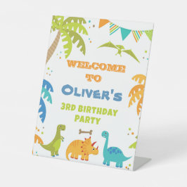 Dinosaurus verjaardag, welkom voetstuk teken reclamebord met voetstuk