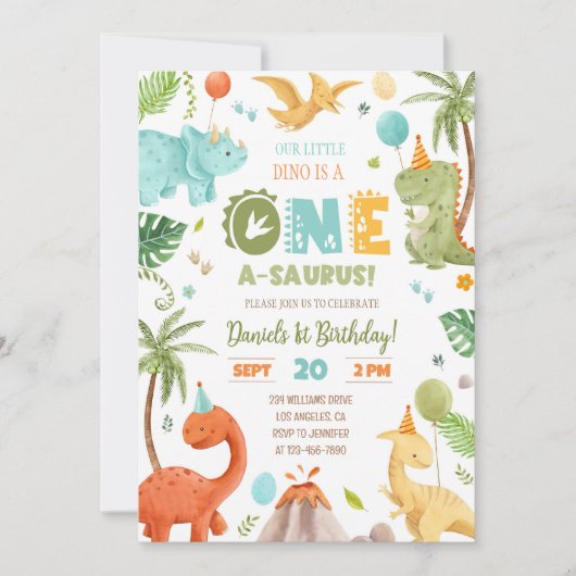 Dinosaurus Verjaardagsfeest 1e Verjaardag Eerste v Kaart (Voorkant)