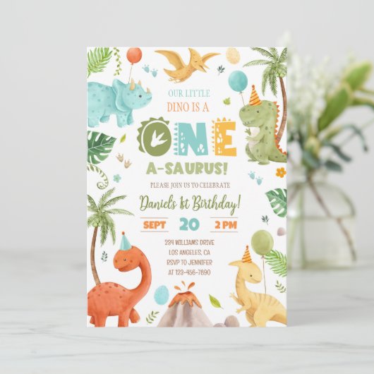 Dinosaurus Verjaardagsfeest 1e Verjaardag Eerste v Kaart (Staand voorkant)