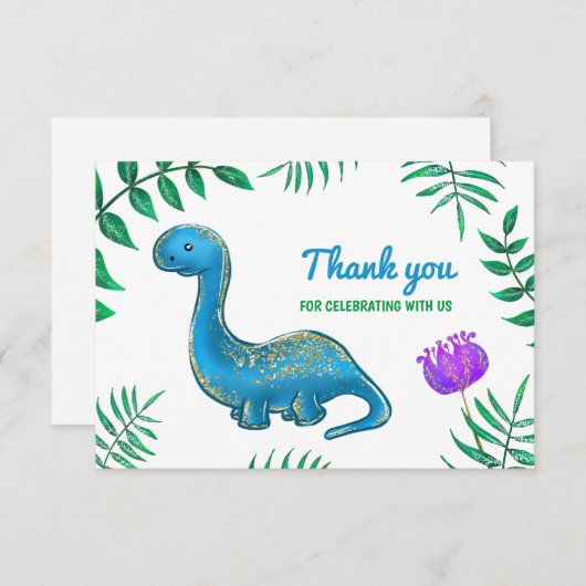 Dinosaurus Verjaardagsfeest | Blue Dino Bedankt (Voorkant / Achterkant)
