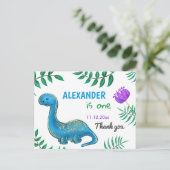 Dinosaurus Verjaardagsfeest | Blue Dino Bedankt Briefkaart (Staand voorkant)