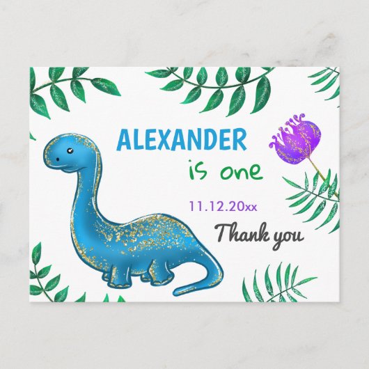 Dinosaurus Verjaardagsfeest | Blue Dino Bedankt Briefkaart (Voorkant)