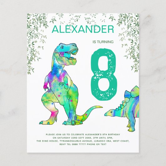 Dinosaurus verjaardagsfeest budget flyer (Voorkant)