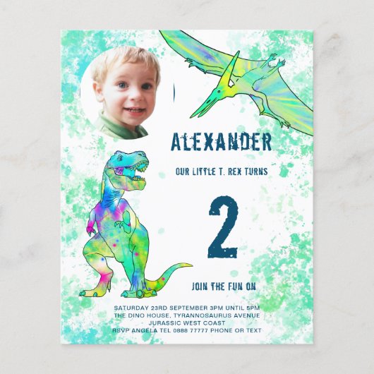 Dinosaurus verjaardagsfeest budget flyer (Voorkant)