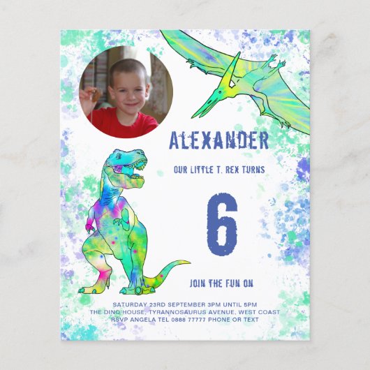 Dinosaurus verjaardagsfeest budget flyer (Voorkant)