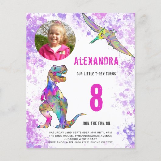 Dinosaurus Verjaardagsfeest Foto Budget Roze Flyer (Voorkant)