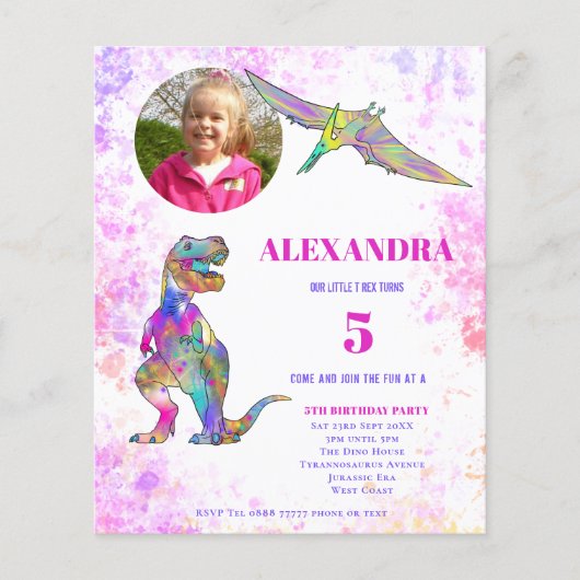 Dinosaurus Verjaardagsfeest Foto Roze Budget Flyer (Voorkant)