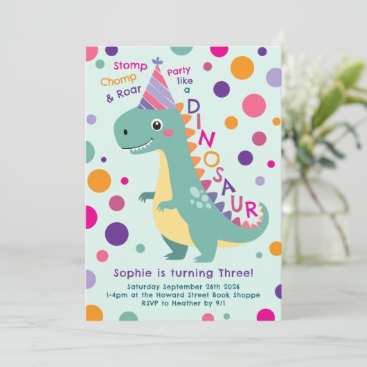 Dinosaurus Verjaardagsfeest Kinder Kaart (Staand voorkant)