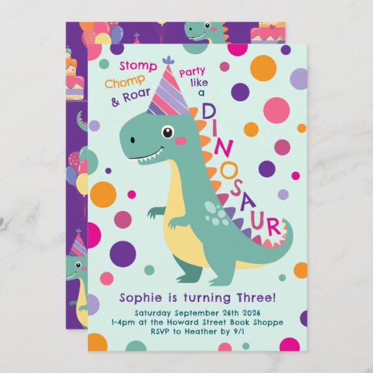 Dinosaurus Verjaardagsfeest Kinder Kaart (Voorkant / Achterkant)