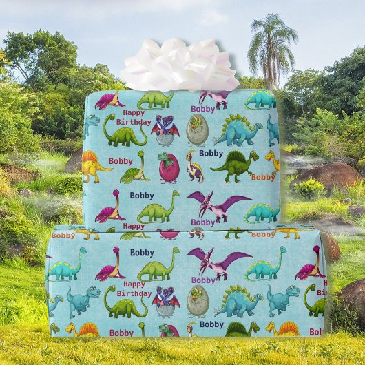 Dinosaurus Verjaardagsfeest Naam toevoegen Cadeaupapier