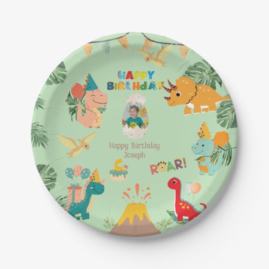 Dinosaurus Verjaardagsfeest Papier Bord – Aangepas (Voorkant)