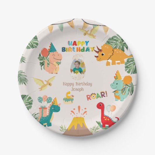 Dinosaurus Verjaardagsfeest Papier Bord – Aangepas (Voorkant)