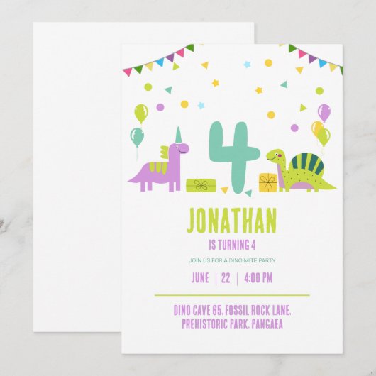 Dinosaurus Verjaardagsfeest Pastel Kinder 4e Verja Kaart (Voorkant / Achterkant)