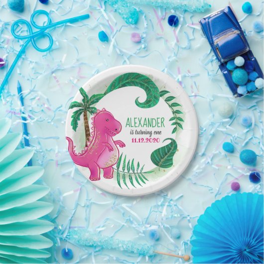 Dinosaurus Verjaardagsfeest | Pink Trex Dino Papieren Bordje (Feest)