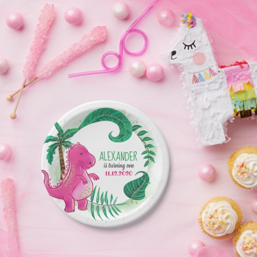 Dinosaurus Verjaardagsfeest | Pink Trex Dino Papieren Bordje (Feest)