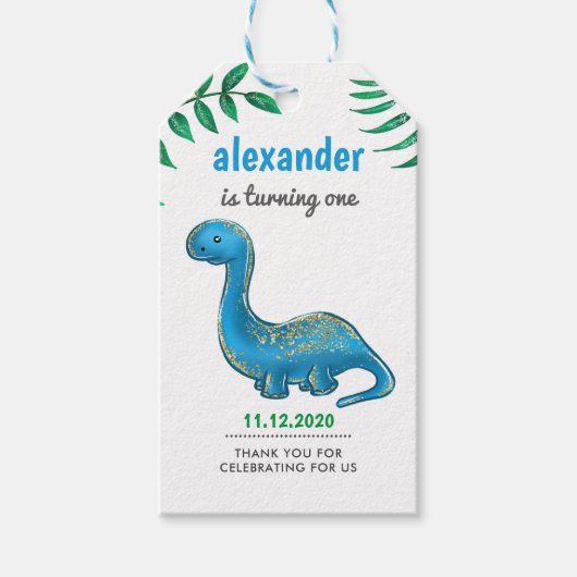 Dinosaurus Verjaardagsfeest | Schattigee Blue Dino Cadeaulabel (Voorkant)