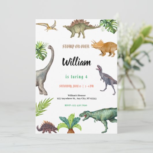 Dinosaurus verjaardagsfeest uitnodiging  (Staand voorkant)