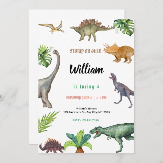 Dinosaurus verjaardagsfeest uitnodiging  (Voorkant / Achterkant)