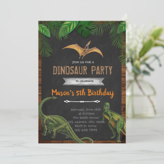  dinosaurus verjaardagsfeest uitnodiging (Staand voorkant)