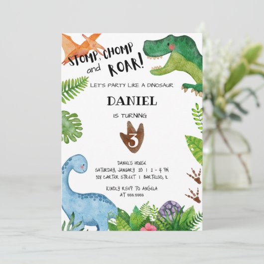 Dinosaurus Verjaardagsfeest Uitnodiging Dino Party (Staand voorkant)