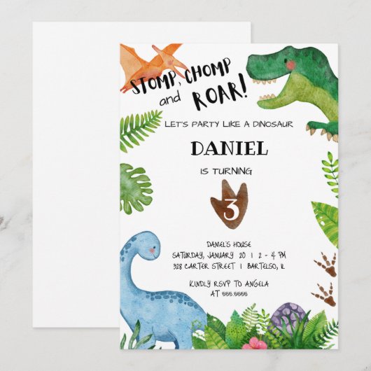 Dinosaurus Verjaardagsfeest Uitnodiging Dino Party (Voorkant / Achterkant)