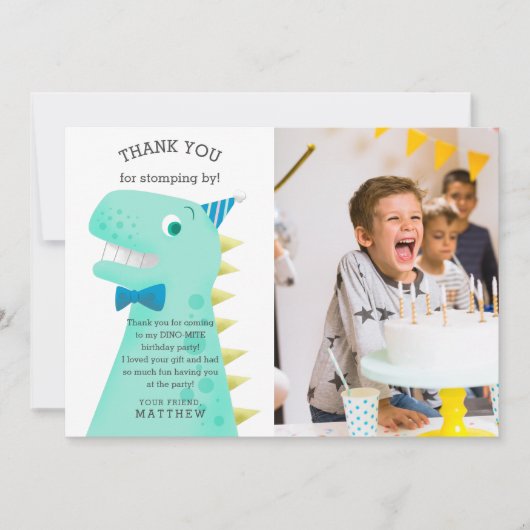 Dinosaurus verjaardagsfeestje aangepaste foto bedankkaart (Voorkant)