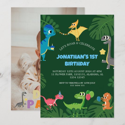 Dinosaurus Verjaardagsfeestje Eerste Verjaardag Ba Kaart (Voorkant / Achterkant)