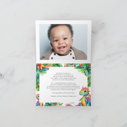 Dinosaurus verjaardagsfeestje jongen aangepaste fo bedankkaart (Binnen)