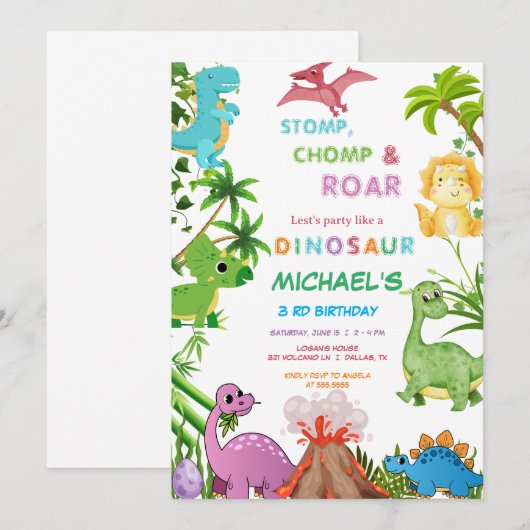 Dinosaurus verjaardagsfeestje  kaart (Voorkant / Achterkant)