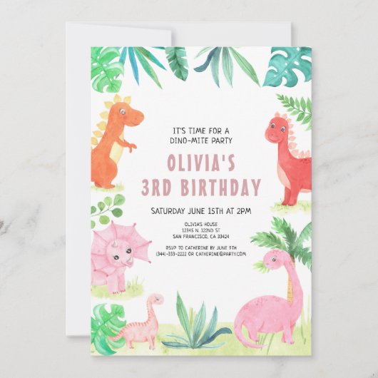 Dinosaurus Verjaardagsfeestje Kinder Roze Meisje D Kaart (Voorkant)