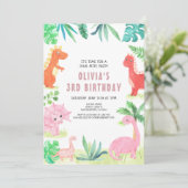 Dinosaurus Verjaardagsfeestje Kinder Roze Meisje D Kaart (Staand voorkant)