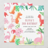 Dinosaurus Verjaardagsfeestje Kinder Roze Meisje D Kaart (Voorkant / Achterkant)