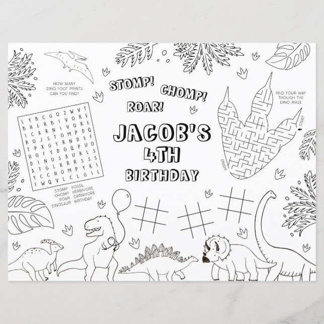 Dinosaurus Verjaardagsfeestje Kleurplaat Placemat (Voorkant)