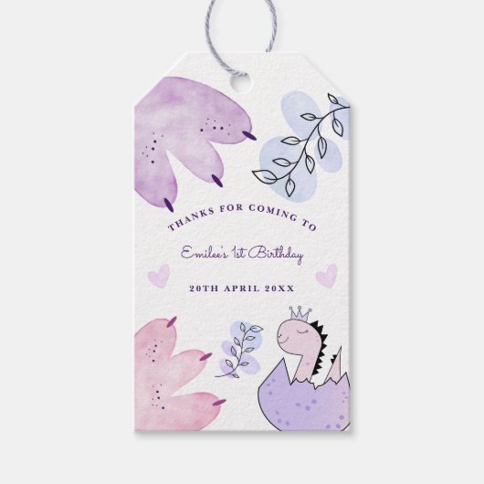 Dinosaurus Verjaardagsfeestje Roze Paarse Dank u Cadeaulabel (Voorkant)