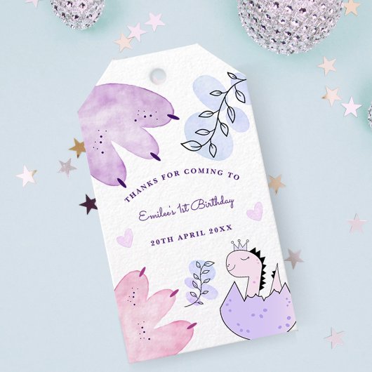 Dinosaurus Verjaardagsfeestje Roze Paarse Dank u Cadeaulabel