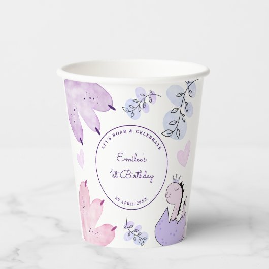 Dinosaurus Verjaardagsfeestje Roze Paarse Papieren Bekers (Voorkant)