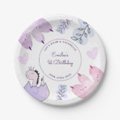 Dinosaurus Verjaardagsfeestje Roze Paarse Papieren Bordje (Voorkant)