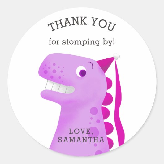 Dinosaurus Verjaardagsfeestje Roze Prinses Dank u Ronde Sticker (Voorkant)