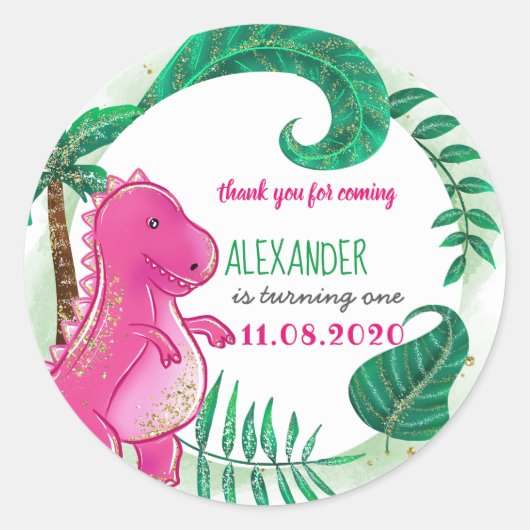 Dinosaurus Verjaardagsfeestje Schattige T-Rex Roze Ronde Sticker (Voorkant)