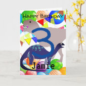 Dinosaurus verjaardagskaart voor 3-jarigen kaart (Gele Bloem)