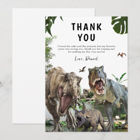 Dinosaurus verjaardagsuitnodiging Dino T-Rex verja Bedankkaart (Voorkant / Achterkant)